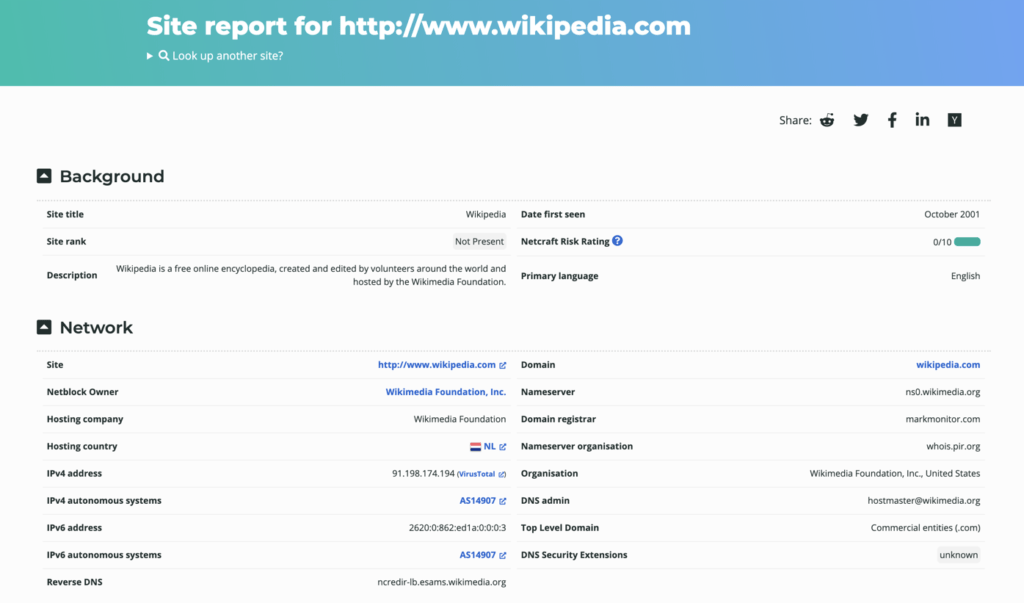 Screenshot of CMS detection service (netcraft)