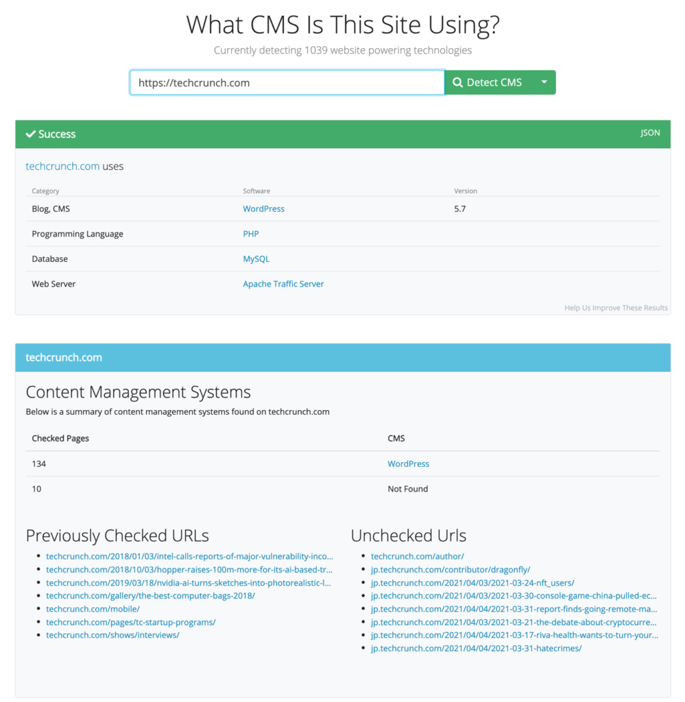 Screenshot of CMS detection service (whatcms)