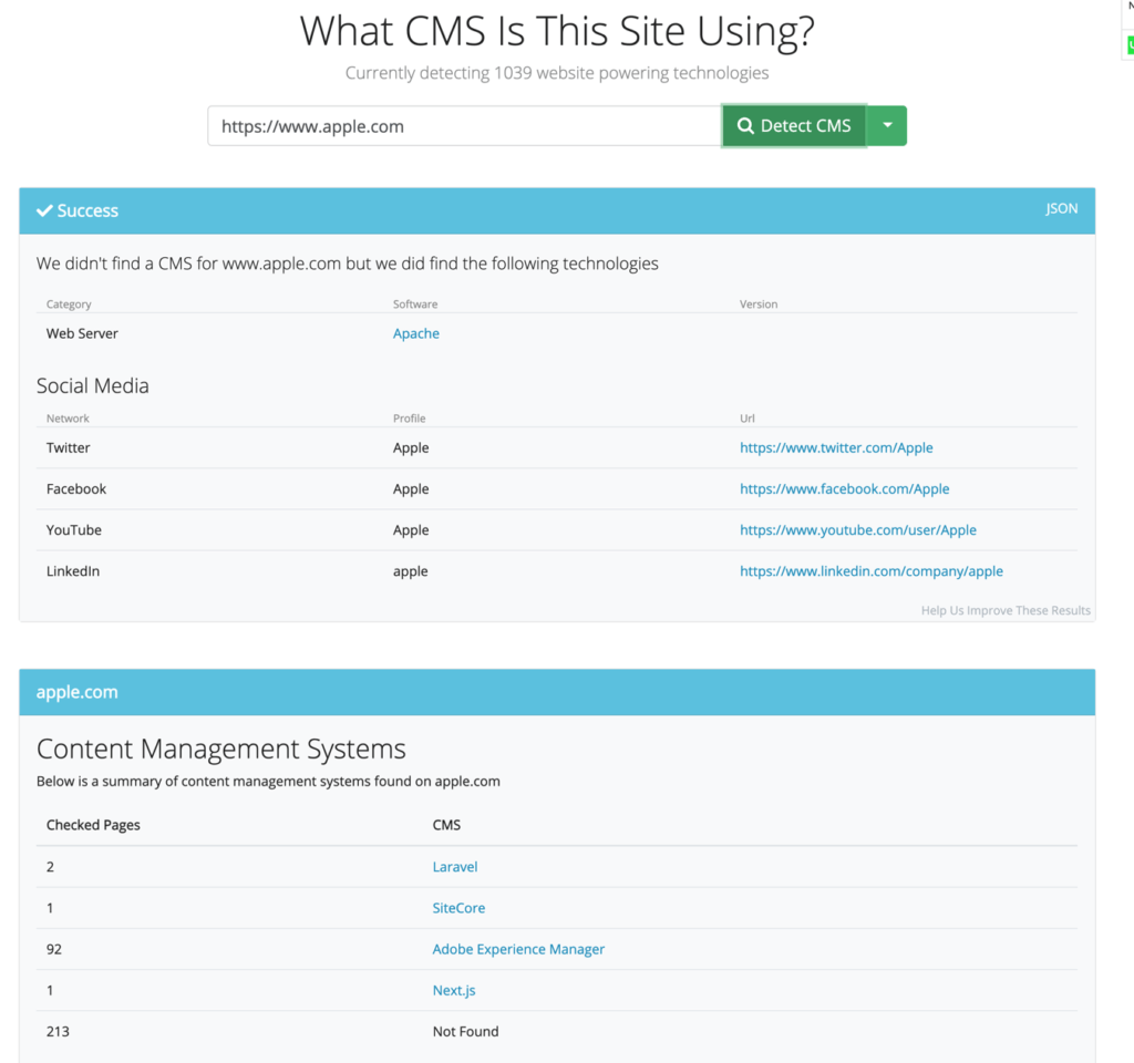 Screenshot of CMS detection service (whatcms)