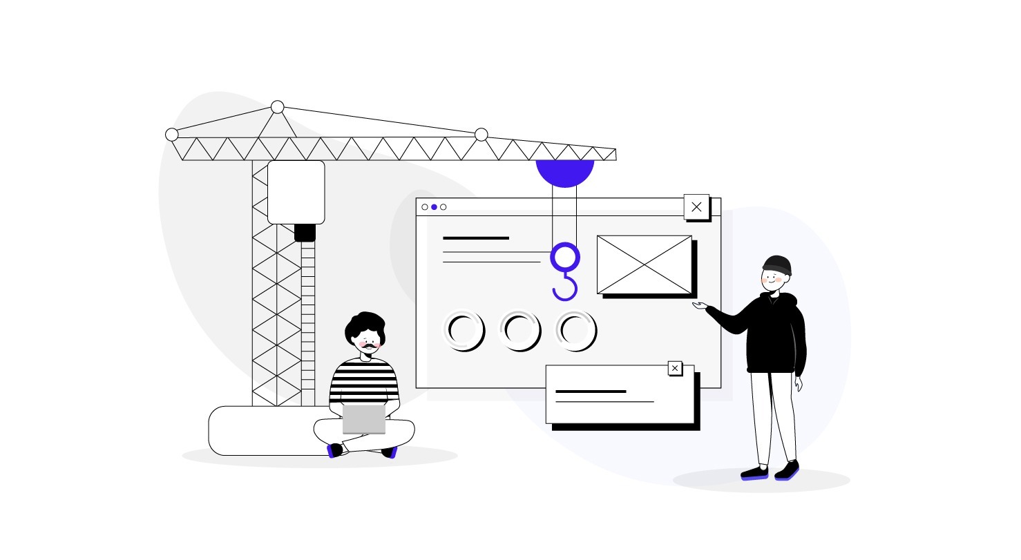 Illustration of two people, a browser screen and other elements, created by Kambu