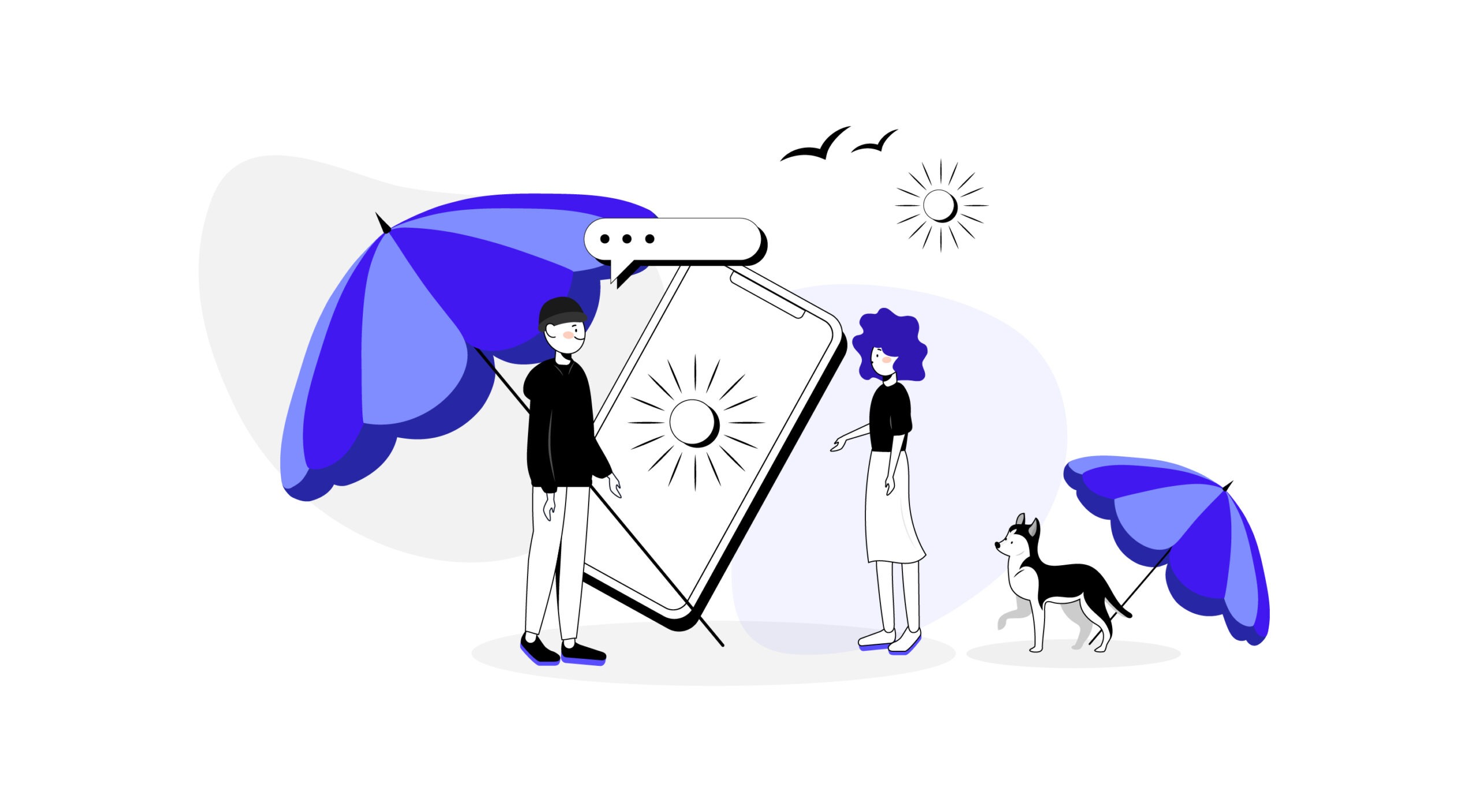 Illustration of a three people, one dog and a phone device, created by Kambu